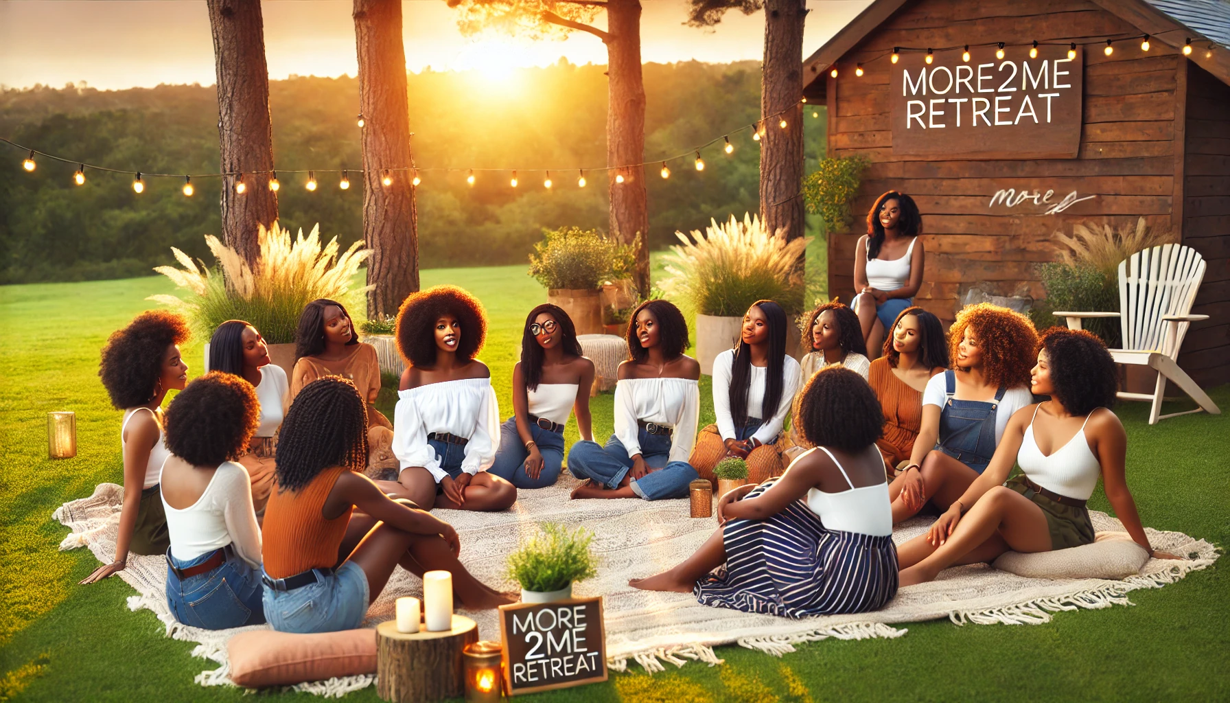 DALL·E 2024 11 24 23.55.40 A group of young Black women in a serene and inspiring outdoor retreat setting. They are sitting together on blankets in a lush green field participa